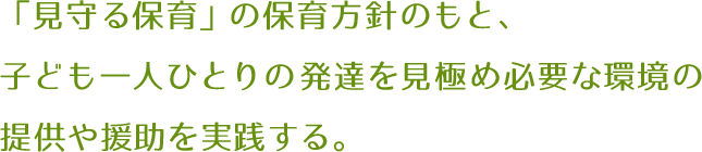 「見守る保育」の保育方針のもと、子ども一人ひとりの発達を見極め必要な環境の提供や援助を実践する。